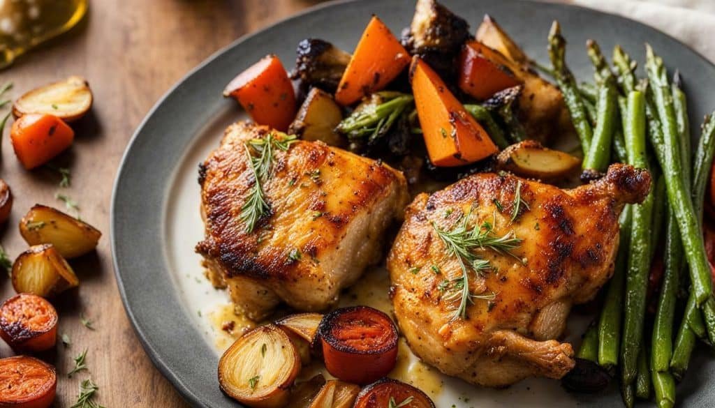 Crispy Air Fryer Chicken Thighs Served with Roasted Vegetables